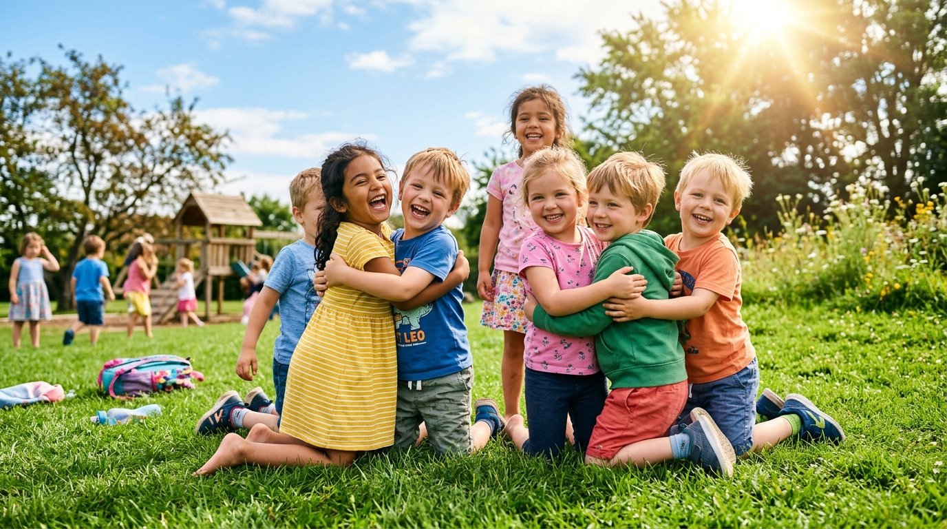Happy children running outdoors on green lawn at Kalpavrikshalaya