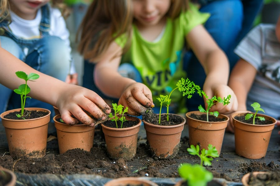Children nurturing green seedlings in terracotta pots