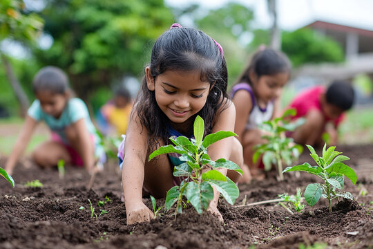 Children joyfully planting saplings into the soil