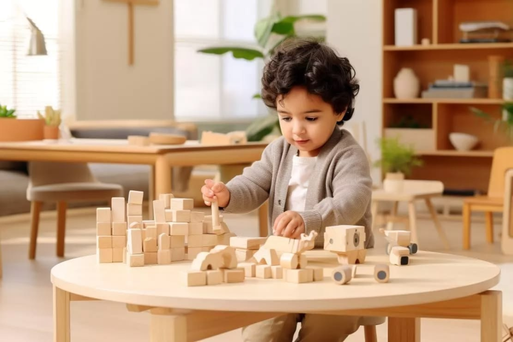 Child focused on Montessori wooden block construction